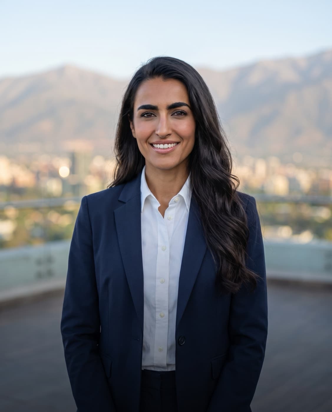 Mujer sonriente con blazer azul marino frente a la cordillera de Santiago
